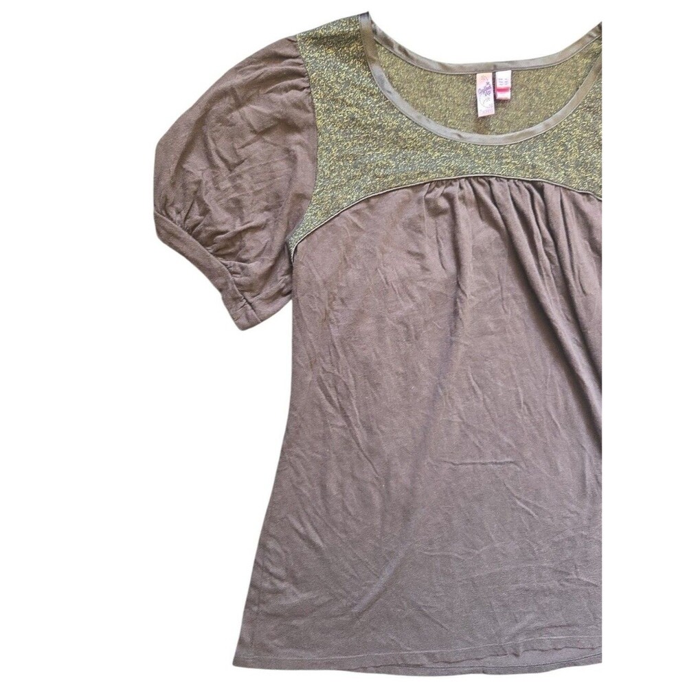 Vintage Y2K Dolled Up By Fang Brown Puff Sleeve Top Metallic Glitter Yoke - XL